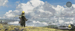 Rule 34 | 1girl, asteroid ill, backpack, bag, bird, blonde hair, character name, cloud, cloudy sky, commentary request, day, fake screenshot, fence, from behind, grass, hair over one eye, hand on own hip, heads-up display, health bar, highres, holding, horizon, iris (asteroid ill), long hair, low-tied long hair, low ponytail, minimap, neon trim, original, outdoors, ponytail, red eyes, rock, scenery, sky, solo, speech bubble, standing, translated, user interface, very long hair, cane, wide shot