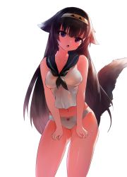 Rule 34 | 1girl, :o, absurdres, bad id, bad pixiv id, bare arms, bare shoulders, black neckerchief, black sailor collar, bow, bow panties, breasts, breasts squeezed together, brown hair, collarbone, dokomon, fang, fingernails, girls&#039; frontline, hair between eyes, hair flaps, hairband, head tilt, highres, kemonomimi mode, long hair, medium breasts, navel, neckerchief, no pants, open mouth, panties, purple eyes, sailor collar, school uniform, serafuku, shirt, simple background, sleeveless, sleeveless shirt, solo, super sass (girls&#039; frontline), sweat, tail, tail raised, underwear, very long hair, white background, white panties, white shirt