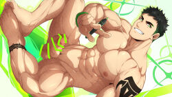 Rule 34 | 1boy, abs, arm tattoo, bara, black hair, completely nude, erection, green eyes, green hair, highres, holding, holding pen, kuroshinki, large pectorals, male focus, multicolored hair, muscular, muscular male, navel, nipples, nude, original, paid reward available, pectorals, pen, penis, short hair, sitting, smile, solo, tattoo, teeth, testicles, thick thighs, thighs, two-tone hair