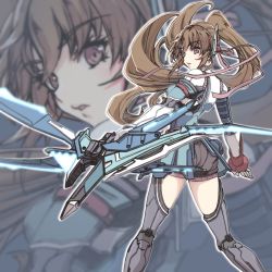 Rule 34 | 1girl, bike shorts, bow (weapon), brown eyes, brown hair, floating hair, highleg, highres, holding, holding bow (weapon), holding weapon, long hair, parted lips, saionji reimi, solo, star ocean, star ocean the last hope, thighhighs, weapon, zoom layer