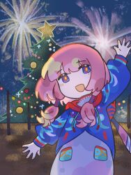 Rule 34 | 1girl, arm up, blue eyes, blue jacket, christmas, christmas tree, commentary request, cowboy shot, dody31776243, dress, fireworks, hair over shoulder, hair tubes, highres, hood, hood down, hooded jacket, jacket, kaf (kamitsubaki studio), kamitsubaki studio, light blush, long sleeves, looking at viewer, low twintails, multicolored eyes, night, open mouth, outdoors, pink hair, puffy long sleeves, puffy sleeves, red eyes, smile, solo, standing, string of light bulbs, twintails, virtual youtuber, waving, white dress, yellow pupils