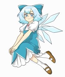 Rule 34 | 1girl, blue dress, blue eyes, blue hair, breasts, brown footwear, cirno, collared shirt, dress, highres, ice, ice wings, long dress, neck ribbon, pinafore dress, puffy short sleeves, puffy sleeves, red ribbon, ribbon, shirt, short hair, short sleeves, simple background, skullchimes, sleeveless dress, small breasts, socks, solo, touhou, white background, white shirt, wings