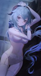 Rule 34 | 1girl, ahoge, arm up, bad id, bad pixiv id, blue hair, blush, bra, breasts, cowboy shot, dark room, dutch angle, elbow gloves, ganyu (genshin impact), garter straps, genshin impact, gloves, goat horns, hand on own head, horns, lace, lace bra, lace panties, long hair, looking at viewer, lying, medium breasts, no.aei, on side, panties, purple eyes, smile, solo, thighhighs, underwear, white gloves, white thighhighs
