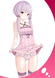 Rule 34 | 1girl, akahara tyun, blue eyes, breasts, clothes lift, collarbone, cowboy shot, criss-cross halter, dress, dress lift, frilled dress, frills, gluteal fold, hair ornament, halterneck, head tilt, lifted by self, long hair, low twintails, open mouth, panties, pink dress, purple hair, short dress, short hair with long locks, sleeveless, sleeveless dress, small breasts, solo, standing, thighhighs, twintails, underwear, voiceroid, white background, white panties, yuzuki yukari
