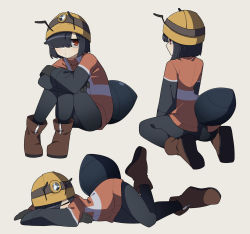 Rule 34 | 1girl, absurdres, ant girl, antennae, black gloves, black hair, boots, brown footwear, gloves, gomulgong, hair over one eye, highres, knees up, looking at viewer, multiple views, original, red eyes, simple background, sleeping, tan background, tired ant (gomulgong)