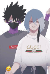 Rule 34 | 2boys, ametaro (ixxxzu), black hair, black mask, blue eyes, boku no hero academia, burn scar, cheek piercing, dabi (boku no hero academia), emoji, grey hair, grey sweater, gucci, highres, looking at viewer, male focus, mask, middle finger, mouth mask, multiple boys, multiple scars, red eyes, scar, scar on face, shigaraki tomura, shirt, short hair, simple background, spiked hair, staple, stapled, supreme (brand), sweater, white background, white shirt, wrinkled skin