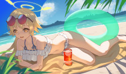 Rule 34 | 1girl, absurdres, alternate costume, bare shoulders, barefoot, beach, beach umbrella, bikini, blonde hair, blue archive, blue innertube, blue sky, blue umbrella, blush, chinese commentary, clear sky, cloud, commentary request, drink, eyewear on head, frilled bikini, frilled swimsuit, frills, glass, grass, halo, hifumi (blue archive), hifumi (swimsuit) (blue archive), highres, iranon (new iranon), lying, navel, ocean, off-shoulder bikini, off shoulder, on side, open mouth, palm tree, ponytail, sky, solo, stomach, sunlight, swimsuit, teeth, thighs, tree, umbrella, upper teeth only, water, white bikini, yellow eyes