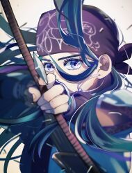 Rule 34 | 1girl, arrow (projectile), asirpa, blue eyes, blue hair, blurry border, bow, close-up, commentary request, earrings, floating hair, golden kamuy, hairband, highres, jewelry, long hair, long lng, looking at viewer, purple hairband, simple background, solo