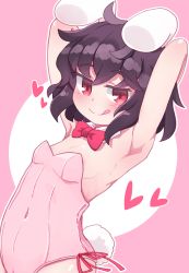 Rule 34 | 1girl, :q, animal ears, armpits, arms behind head, black hair, blush, breasts, commentary request, covered navel, heart, highres, inaba tewi, kibisake, leotard, looking at viewer, outline, pink background, playboy bunny, rabbit ears, rabbit girl, rabbit tail, red eyes, short hair, small breasts, solo, tail, tongue, tongue out, touhou, white outline