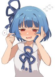 Rule 34 | 1girl, absurdres, alternate hair length, alternate hairstyle, armpit crease, blue hair, blush, bob cut, collared dress, dress, embarrassed, flower knot, flying sweatdrops, hair ribbon, half-closed eyes, hand on own cheek, hand on own face, hands up, heart, highres, kashisuover, kotonoha aoi, nervous smile, no detached sleeves, no pupils, nose blush, open mouth, playing with own hair, red eyes, ribbon, short hair, simple background, sleeveless, sleeveless dress, smile, solo, spoken heart, upper body, voiceroid, white background, white dress