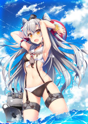 Rule 34 | 10s, 1girl, :o, adapted costume, amatsukaze (kancolle), armlet, armpits, arms behind head, arms up, bad id, bad pixiv id, ball, beachball, bikini, blue sky, breasts, choker, cloud, collarbone, contrail, cowboy shot, day, eyebrows, eyelashes, fang, garter straps, gluteal fold, hair between eyes, hair tubes, headgear, highres, holding, kantai collection, legs apart, lifebuoy, long hair, multicolored bikini, multicolored clothes, navel, neckerchief, ocean, outdoors, raiou, rensouhou-kun, sailor collar, scrunchie, see-through, silver hair, skindentation, sky, small breasts, standing, stomach, summer, suspenders, swim ring, swimsuit, two side up, very long hair, wading, water, wind, wrist scrunchie, yellow eyes