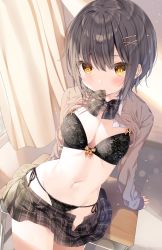 Rule 34 | 1girl, arm support, bad id, bad pixiv id, black bra, black hair, black panties, blush, bow, bow bra, bra, breasts, brown eyes, brown sweater, clothes lift, collared shirt, commentary request, curtains, day, desk, grey bow, grey skirt, groin, hair between eyes, hair ornament, hairclip, highres, indoors, long sleeves, looking at viewer, mafuyu (chibi21), medium breasts, mouth hold, navel, on desk, open clothes, open skirt, original, panties, plaid, plaid bow, plaid skirt, pleated skirt, school desk, school uniform, shirt, shirt lift, side-tie panties, skirt, sleeves past wrists, solo, sunlight, sweater, sweater lift, underwear, white shirt, x hair ornament
