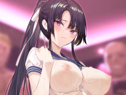 Rule 34 | 1girl, 2boys, black hair, blurry, blurry background, blush, bra, breasts, cleavage, depth of field, faceless, faceless male, floral print, hair ribbon, hiiragi yuuichi, indoors, large breasts, long hair, looking at viewer, multiple boys, nipples, original, panties, parted bangs, parted lips, ponytail, purple eyes, ribbon, sailor collar, shirt, sidelocks, solo focus, underwear, undressing, very long hair, white bra, white panties, white ribbon, white shirt