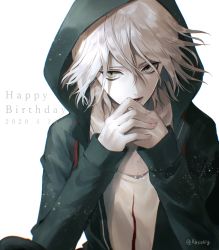 Rule 34 | 1boy, commentary request, danganronpa (series), danganronpa 2: goodbye despair, dated, green eyes, green jacket, grey background, hair between eyes, hands up, happy birthday, hood, hooded jacket, hoodie, jacket, komaeda nagito, long sleeves, male focus, medium hair, open clothes, open jacket, open mouth, own hands together, sakuyu, shirt, sleeves past wrists, smile, solo, white hair, white shirt