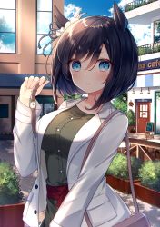 Rule 34 | 1girl, :t, animal ears, bag, black hair, blue eyes, breasts, building, bush, buttons, cafe, casual, chair, chalkboard sign, collarbone, commentary request, dot nose, dress, eishin flash (umamusume), english text, green dress, handbag, haruhitooo, highres, holding wristwatch, horse ears, jacket, large breasts, long sleeves, looking at viewer, outdoors, plant, pocket, potted plant, pout, short hair, shoulder bag, solo, table, umamusume, white jacket, window