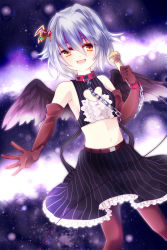 Rule 34 | 10s, 1girl, :d, bad id, bad pixiv id, black pantyhose, black wings, blush, brown eyes, center opening, chain, cleavage cutout, clothing cutout, collar, cuffs, elbow gloves, gloves, grey hair, hair ornament, hairclip, heart, heart cutout, highres, idolmaster, idolmaster cinderella girls, koshimizu sachiko, looking at viewer, microphone, midriff, navel, open mouth, outstretched arm, pantyhose, pinstripe pattern, short hair, skirt, smile, solo, striped, thighhighs, uranaishi (miraura), wings