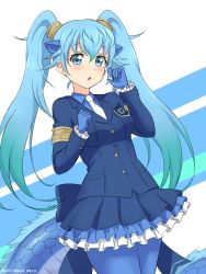 Rule 34 | 1girl, absurdres, animal ears, aqua hair, blue background, blue eyes, blue gloves, blue hair, blue jacket, blue pantyhose, dragon tail, extra ears, frilled skirt, frills, gloves, gradient hair, hair between eyes, highres, jacket, japari symbol, kemono friends, long sleeves, looking at viewer, multicolored hair, necktie, pantyhose, parted lips, pleated skirt, seiryuu (kemono friends), shiraha maru, simple background, skirt, solo, tail, twintails, twitter username, two-tone background, white background, white necktie