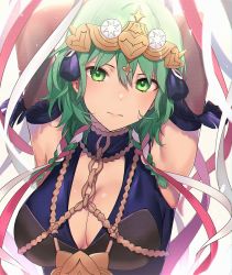 Rule 34 | 1girl, armpits, arms up, breasts, byleth (female) (fire emblem), byleth (fire emblem), cleavage, elbow gloves, fire emblem, fire emblem: three houses, gloves, green eyes, green hair, hair ornament, haru (nakajou-28), highres, looking at viewer, medium hair, nintendo, ribbon, simple background, solo, upper body, white background