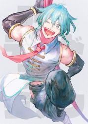 Rule 34 | 1boy, ;d, aqua eyes, aqua hair, artist name, black gloves, chinese clothes, elbow gloves, gloves, grey background, looking at viewer, male focus, necktie, one eye closed, open mouth, pole, red necktie, shen (undead unluck), smile, solo, undead unluck, waterstaring