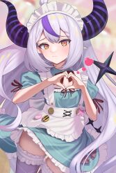 Rule 34 | 1girl, absurdres, alternate costume, blush, enmaided, heart, heart hands, highres, hololive, horns, la+ darknesss, long hair, looking at viewer, maid, maid headdress, multicolored hair, pointy ears, purple hair, purple thighhighs, solo, striped horns, tail, thighhighs, two-tone hair, very long hair, virtual youtuber, white hair, yellow eyes, yukinashi
