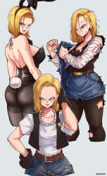 Rule 34 | 1girl, absurdres, alternate costume, android 18, animal ear hairband, animal ears, aosora2823, artist name, ass, black leotard, black pants, black pantyhose, black shirt, blonde hair, blue eyes, blunt ends, clenched hand, cropped legs, dragon ball, dragonball z, earrings, fake animal ears, fake tail, female pervert, forehead, hairband, highres, jewelry, leotard, looking at viewer, looking back, median furrow, multiple views, pants, pantyhose, pervert, playboy bunny, presenting, rabbit ear hairband, rabbit ears, rabbit tail, sexually suggestive, shirt, short hair, simple background, solo, standing, strapless, strapless leotard, striped sleeves, tail, torn clothes, torn pants, torn shirt, two-tone background, white background, white sleeves