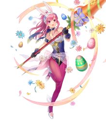 Rule 34 | 1girl, animal ears, artist request, bare shoulders, breasts, choker, collarbone, egg, fake animal ears, fire emblem, fire emblem: the sacred stones, fire emblem heroes, flower, full body, gloves, high heels, highres, holding, holding weapon, leg up, leotard, long hair, marisa (fire emblem), medium breasts, nintendo, official art, open mouth, pantyhose, petals, pink hair, polearm, purple eyes, rabbit ears, see-through, shiny clothes, solo, spear, transparent background, weapon