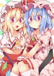 Rule 34 | 2girls, ascot, bat wings, blonde hair, blue hair, bowl, brooch, chopsticks, dress, fang, flandre scarlet, food, hat, highres, jewelry, kan lee, mob cap, multiple girls, nattou, open mouth, pink dress, pink eyes, puffy short sleeves, puffy sleeves, red dress, remilia scarlet, rice bowl, sash, short sleeves, siblings, sisters, sitting, smile, touhou, v arms, wings
