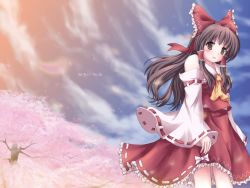 Rule 34 | 1girl, ascot, bare shoulders, blush, bow, brown eyes, brown hair, cherry blossoms, detached sleeves, eyebrows, female focus, hair bow, hair tubes, hakurei reimu, highres, japanese clothes, long hair, looking at viewer, lzh, miko, outdoors, red bow, red ribbon, red skirt, ribbon, ribbon-trimmed sleeves, ribbon trim, skirt, skirt set, sleeves past wrists, smile, solo, touhou, tree, vest, white ribbon