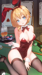 Rule 34 | 1girl, :d, animal ears, ball, bare shoulders, billiard ball, bison cangshu, black footwear, blonde hair, blue eyes, bow, brown thighhighs, collar, commentary request, cue stick, cup, detached collar, drink, drinking glass, fake animal ears, hair between eyes, hairband, high heels, highres, holding, holding tray, indoors, leotard, looking at viewer, on table, open mouth, playboy bunny, poker chip, pool table, rabbit ears, red bow, red hairband, red leotard, rodney (warship girls r), shoes, sitting, smile, solo, strapless, strapless leotard, table, thighhighs, tray, wariza, warship girls r, white collar, wing collar, wrist cuffs