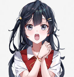 Rule 34 | 1girl, absurdres, black eyes, black hair, collar, collared shirt, commentary, hair between eyes, hair ornament, hairclip, hands up, highres, long hair, looking at viewer, love live!, love live! nijigasaki high school idol club, neck ribbon, one side up, open mouth, own hands together, red sweater vest, red vest, red wristband, ribbon, school uniform, shirt, short sleeves, simple background, single hair intake, sstthei, surprised, sweater vest, teeth, triangle print, upper body, upper teeth only, vest, white background, white collar, white shirt, yellow ribbon, yellow wristband, yuki setsuna (love live!)