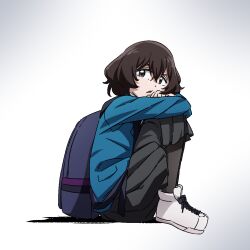 Rule 34 | 1girl, absurdres, backpack, bag, brown hair, dingdaydream, dot nose, from side, full body, gradient background, hair between eyes, highres, hoshiai no sora, hugging own legs, jaggy lines, long sleeves, looking at viewer, looking to the side, medium hair, mitsue kanako, parted lips, pleated skirt, shadow, shoes, simple background, sitting, skirt, solo, tareme, white background, white footwear