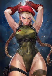 Rule 34 | 1girl, :o, ahoge, armpits, arms up, bare shoulders, beret, blonde hair, blue eyes, bodypaint, braid, breasts, cammy white, camouflage, chest harness, covered abs, covered erect nipples, covered navel, curvy, facial scar, fingerless gloves, gloves, green leotard, hair between eyes, harness, hat, highleg, highleg leotard, highres, leotard, long hair, looking at viewer, medium breasts, miche, parted lips, pouch, red gloves, red hat, scar, scar on cheek, scar on face, shiny skin, sleeveless turtleneck leotard, solo, street fighter, street fighter 6, thigh gap, thigh pouch, thigh strap, thighs, thong leotard, toned, twin braids, wide hips
