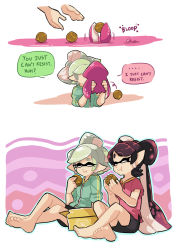 Rule 34 | + +, 2girls, aori, barefoot, black hair, black shorts, casual, chocolate, closed eyes, closed mouth, comic, cousins, earrings, eating, english text, food, gomipomi, green jacket, grey hair, hand on own hip, holding, holding food, hood, hoodie, inkling, jacket, jersey, jewelry, long hair, long sleeves, marie (splatoon), mole, mole under eye, multiple girls, nintendo, paint splatter, pointy ears, red shirt, refrigerator, salmon run (splatoon), shirt, short hair, short sleeves, shorts, sitting, splatoon (series), splatoon 2, squid, standing, tentacle hair