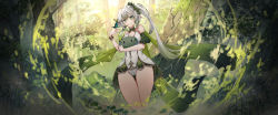 Rule 34 | 1girl, :d, absurdres, adapted costume, aged up, alternate costume, blurry, bracelet, breasts, bug, butterfly, cape, carrying, cleavage, commentary request, depth of field, detached sleeves, forest, genshin impact, gradient hair, green eyes, hair between eyes, hair ornament, highres, insect, jewelry, lankuchashuangjielong, long hair, looking at viewer, medium breasts, multicolored hair, nahida (genshin impact), nature, open mouth, panties, pointy ears, short sleeves, side ponytail, sidelocks, slime (genshin impact), smile, solo, symbol-shaped pupils, tree, underwear, white hair, white panties