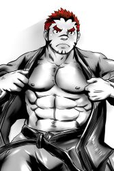 Rule 34 | 1boy, abs, akashi (live a hero), alternate costume, bara, bare pectorals, bulge, doro rich, dougi, facial hair, frown, goatee, greyscale, highres, live a hero, long sideburns, looking ahead, male focus, monochrome, muscular, muscular male, navel, nipples, paid reward available, pectorals, scar, scar on face, scar on nose, short hair, sideburns, solo, sparse navel hair, spot color, superman exposure, thick eyebrows, undressing
