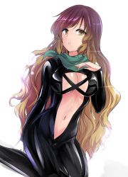 Rule 34 | 1girl, biker clothes, bikesuit, blonde hair, bodysuit, breasts, brown eyes, center opening, commentary request, feet out of frame, gradient hair, green scarf, hand on own chest, hand up, highres, hijiri byakuren, kneeling, large breasts, long hair, long sleeves, looking at viewer, multicolored hair, navel, open bodysuit, open clothes, parted lips, purple hair, scarf, simple background, solo, thighs, touhou, turbo byakuren, urban legend in limbo, very long hair, white background, y2