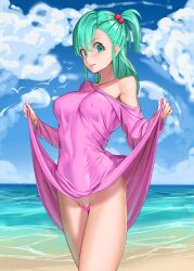 Rule 34 | 1girl, asymmetrical bangs, beach, blue sky, breasts, bulma, censored, closed mouth, clothes lift, cloud, commentary request, covered erect nipples, covered navel, dragon ball, dragon ball (classic), dress, dress lift, green eyes, green hair, heart, heart censor, highres, large breasts, lifted by self, light smile, long dress, massive kagawa, no panties, ocean, off shoulder, one side up, pink dress, single bare shoulder, sky, solo, standing