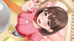 Rule 34 | 1girl, anegasaki nene, barefoot, bed, black eyes, blush, breasts, brown hair, camisole, cleavage, feet, from above, happy, highres, indoors, large breasts, looking at viewer, love plus, medewoi, mole, mole under eye, open mouth, pants, pillow, short hair, smile, solo, standing, toes, unbuttoned, waving