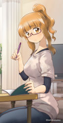 Rule 34 | 1girl, black pants, black shirt, blunt bangs, casual, closed mouth, commentary request, curtains, from side, girls und panzer, glasses, grey shirt, holding, holding pen, indoors, layered sleeves, light frown, long hair, long sleeves, looking at viewer, nakasawa kei, notebook, orange eyes, orange hair, pants, partial commentary, pen, red-framed eyewear, semi-rimless eyewear, shirt, short over long sleeves, short ponytail, short sleeves, sidelocks, sitting, solo, table, takebe saori, television, twitter username, under-rim eyewear