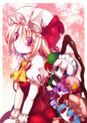 Rule 34 | 1girl, :t, ascot, blonde hair, character doll, flandre scarlet, fua yuu, gradient background, hands on lap, hat, hat ribbon, hong meiling, izayoi sakuya, looking at viewer, mob cap, patchouli knowledge, puffy short sleeves, puffy sleeves, red eyes, remilia scarlet, ribbon, short hair, short sleeves, sitting, skirt, skirt set, solo, sparkle, touhou, wings, wrist cuffs