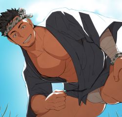 Rule 34 | 1boy, abs, anus, anus peek, bara, beard, black hair, facial hair, fundoshi, happi, itto (mentaiko), japanese clothes, kimono, large pectorals, looking at viewer, male focus, male underwear, muscular, nipples, open clothes, open kimono, original, pectorals, pov, revealing clothes, smile, solo, thighs, topless male, underwear, white male underwear
