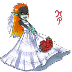 Rule 34 | 1girl, bare shoulders, bouquet, bridal veil, colored sclera, dress, flower, hair down, jewelry, long hair, maniacpaint, midna, necklace, neon trim, nintendo, no headwear, no headwear, open mouth, orange hair, pearl necklace, pointy ears, red eyes, rose, smile, solo, strapless, strapless dress, the legend of zelda, the legend of zelda: twilight princess, veil, wedding dress, white dress, yellow sclera