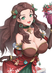 Rule 34 | 1girl, bare shoulders, breasts, brown hair, candy, candy cane, christmas, christmas wreath earrings, cleavage, collarbone, dorothea arnault, dress, earrings, fire emblem, fire emblem: three houses, fire emblem heroes, food, gift, gingerbread man, gonzarez, green dress, green eyes, hair ornament, highres, holly hair ornament, jewelry, large breasts, long hair, looking at viewer, nintendo, official alternate costume, open mouth, red dress, simple background, smile, solo, teeth, upper teeth only, white background