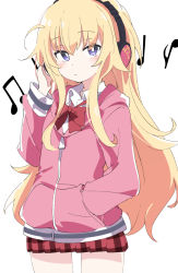 Rule 34 | 1girl, blonde hair, blouse, blush, bow, bowtie, closed mouth, collared shirt, gabriel dropout, gabriel tenma white, hair between eyes, hand in pocket, headphones, hood, hooded jacket, hoodie, ixy, jacket, long hair, looking at viewer, messy hair, musical note, pink hoodie, pink jacket, purple eyes, red bow, red bowtie, red skirt, shirt, simple background, skirt, solo, very long hair, white background, white shirt