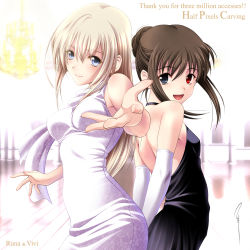 Rule 34 | 2girls, :d, aizawa kotarou, arched back, armpit peek, arms behind back, backless dress, backless outfit, bare arms, bare shoulders, black dress, blonde hair, blue eyes, breasts, brown hair, character name, dress, elbow gloves, english text, eyes visible through hair, gloves, grey eyes, hair between eyes, hair bun, half pixels carving, heterochromia, highres, indoors, looking at viewer, looking to the side, luna (aizawa kotarou), milestone celebration, multiple girls, nail polish, open mouth, original, pink nails, reaching, reaching towards viewer, red eyes, runa (aizawa kotarou), single hair bun, sleeveless, sleeveless dress, small breasts, smile, spaghetti strap, v arms, white gloves