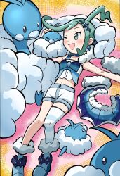Rule 34 | 1girl, ;d, altaria, blue footwear, blush, boots, buttons, commentary request, creatures (company), earrings, emapippi, evolutionary line, eyelashes, game freak, gen 3 pokemon, green eyes, green hair, highres, jewelry, knees, lisia (pokemon), lying, nintendo, on back, one eye closed, open mouth, pokemon, pokemon (creature), pokemon oras, short shorts, shorts, single thighhigh, skirt, smile, striped clothes, striped thighhighs, swablu, thighhighs, tongue, unworn skirt, vest, white shorts