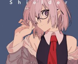Rule 34 | 1girl, adjusting eyewear, black-framed eyewear, black dress, character name, closed mouth, cogecha, collared dress, dress, fate/grand order, fate (series), glasses, hair over one eye, hand up, highres, hood, hoodie, light smile, looking at viewer, mash kyrielight, necktie, open clothes, open hoodie, purple eyes, purple hair, red necktie, short hair, solo, upper body