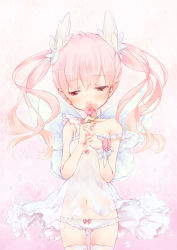 Rule 34 | 1girl, blush, bow, bow panties, ech, flower, gradient background, highres, lingerie, long hair, navel, negligee, original, panties, pink background, pink hair, red eyes, see-through, smelling flower, solo, strap slip, thighhighs, twintails, underwear, white panties, wings