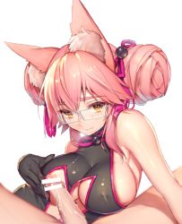 Rule 34 | 1girl, animal ear fluff, animal ears, bespectacled, black gloves, blush, breasts, censored, closed mouth, covered erect nipples, cum, cum string, double bun, fate/grand order, fate (series), fox ears, glasses, gloves, hair bun, heart, heart-shaped pupils, koyanskaya (chinese lostbelt outfit) (fate), koyanskaya (fate), large breasts, looking at viewer, mogullaz, nipples, penis, pink hair, short hair, simple background, sleeveless, smile, solo focus, symbol-shaped pupils, tamamo (fate), white background, yellow eyes