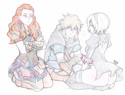 Rule 34 | 1boy, 2b (nier:automata), 2girls, aloy (horizon), ass, black dress, blindfold, blonde hair, blush, commentary, crossed legs, crossover, dreadlocks, dress, freckles, full body, highres, horizon (video game), horizon zero dawn, limited palette, link, looking at another, multiple crossover, multiple girls, nier:automata, nier (series), nintendo, orange hair, pelt, seiza, silver hair, simple background, sitting, sketch, smile, tabletorgy, the legend of zelda, the legend of zelda: breath of the wild, thighhighs, trait connection